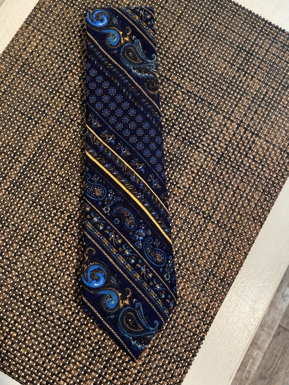 Resilio Men’s Navy Paisley Wool Tie with Blue and Gold Accents